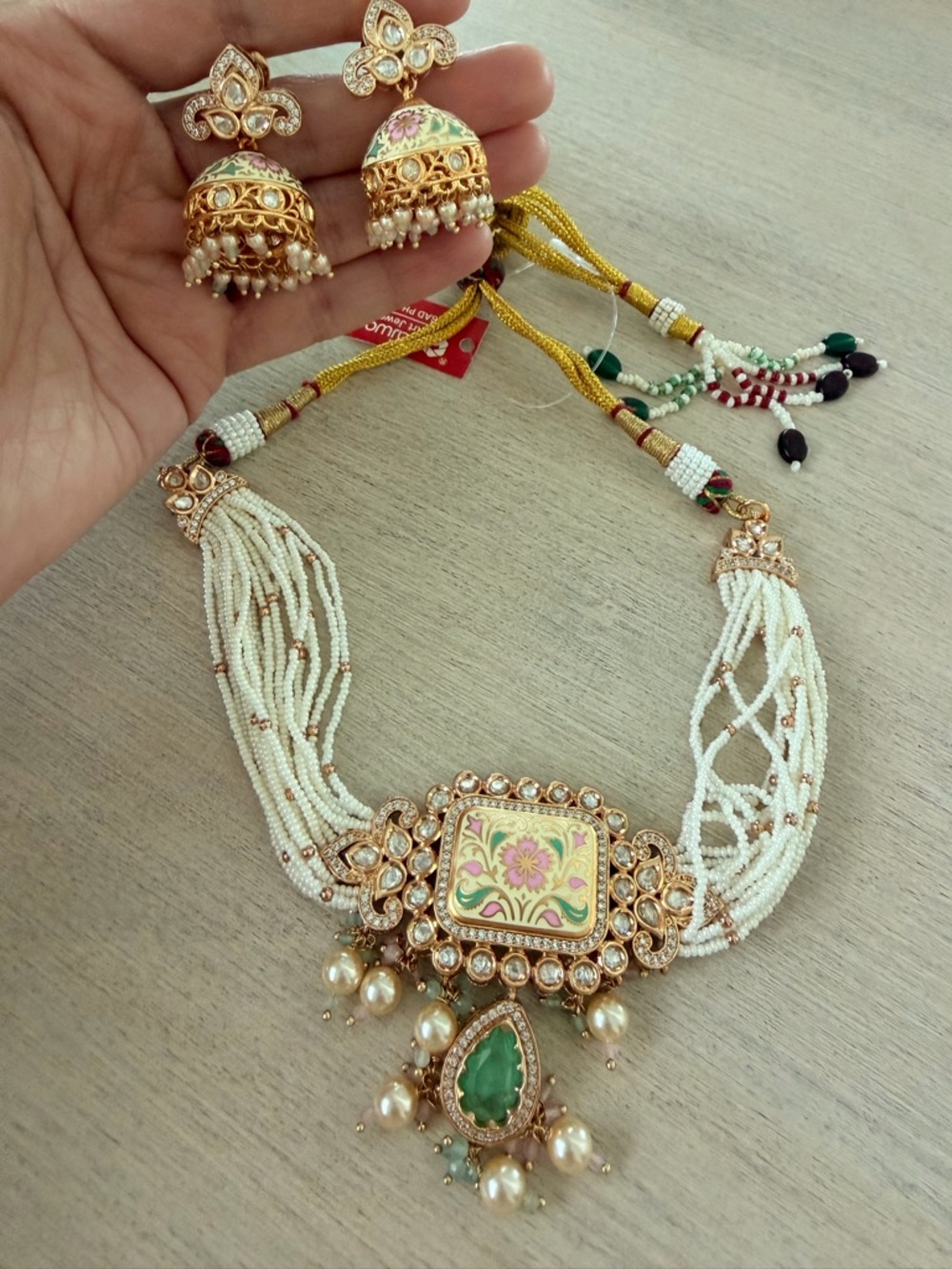 Handcrafted White Bead and Green Stone Necklace Set with Earrings